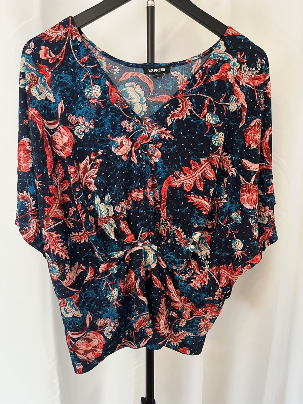 Express Navy Floral Tie-Front Blouse with Red and Cream Accents